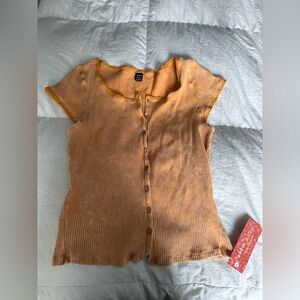 SHEIN  Ribbed Button-Up Lettuce-Edge Short Sleeve Top